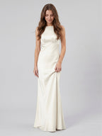 Ivory Satin Sheath Scoop Neck Back Zip Floor-Length Bridesmaid Dress - Curvevia