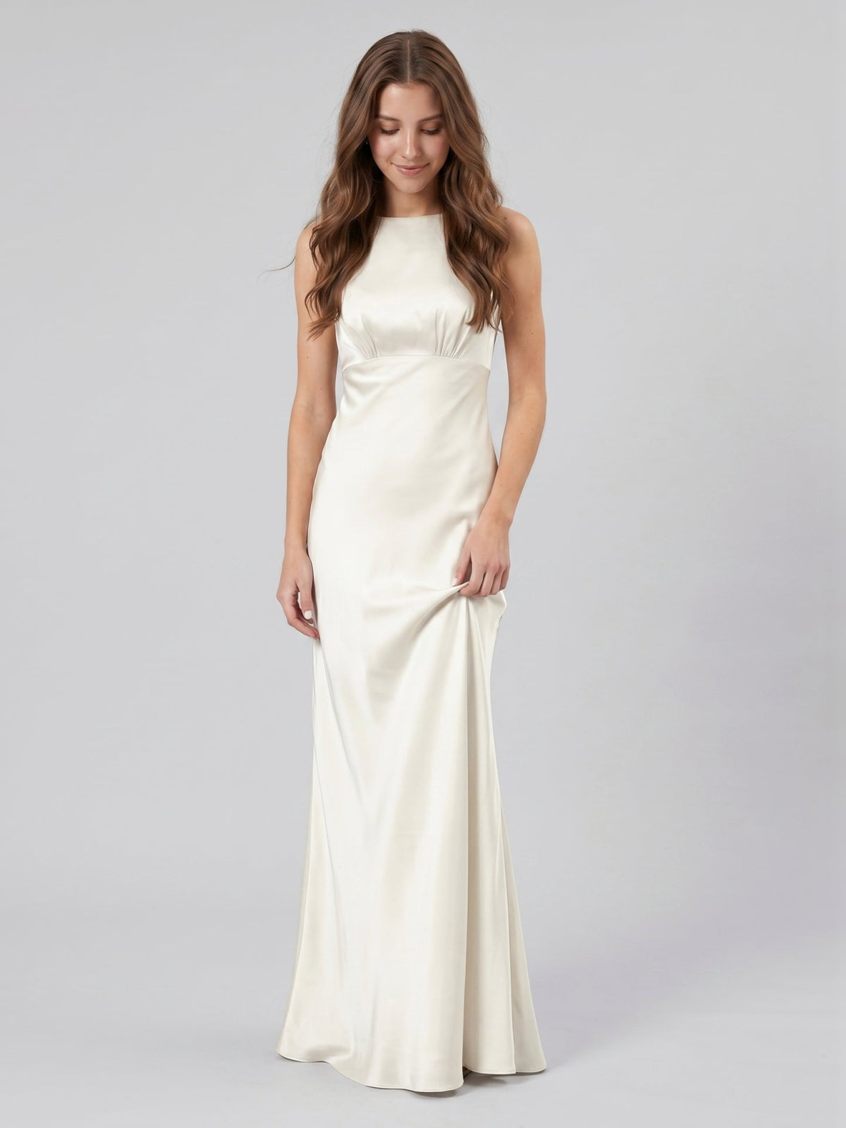 Ivory Satin Sheath Scoop Neck Back Zip Floor-Length Bridesmaid Dress - Curvevia