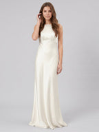 Ivory Satin Sheath Scoop Neck Back Zip Floor-Length Bridesmaid Dress - Curvevia