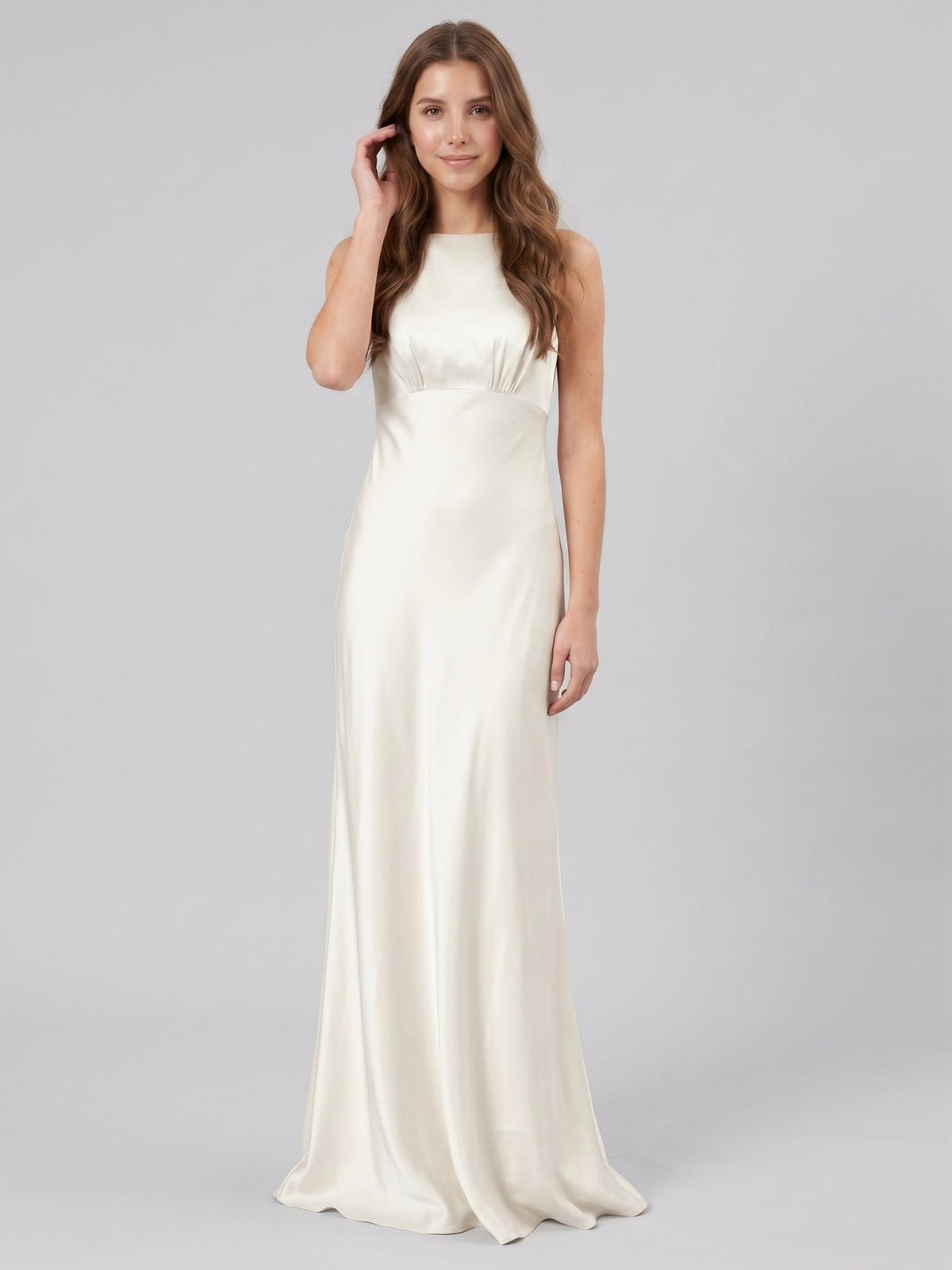 Ivory Satin Sheath Scoop Neck Back Zip Floor-Length Bridesmaid Dress - Curvevia
