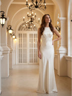 Ivory Satin Sheath Scoop Neck Back Zip Floor-Length Bridesmaid Dress - Curvevia