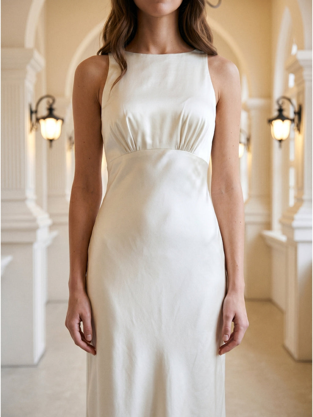 Ivory Satin Sheath Scoop Neck Back Zip Floor-Length Bridesmaid Dress - Curvevia