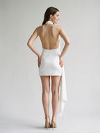 Ivory Satin Sheath Scoop Neck Backless Short Dress with Pleating - Curvevia
