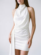 Ivory Satin Sheath Scoop Neck Backless Short Dress with Pleating - Curvevia