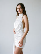 Ivory Satin Sheath Scoop Neck Backless Short Dress with Pleating - Curvevia