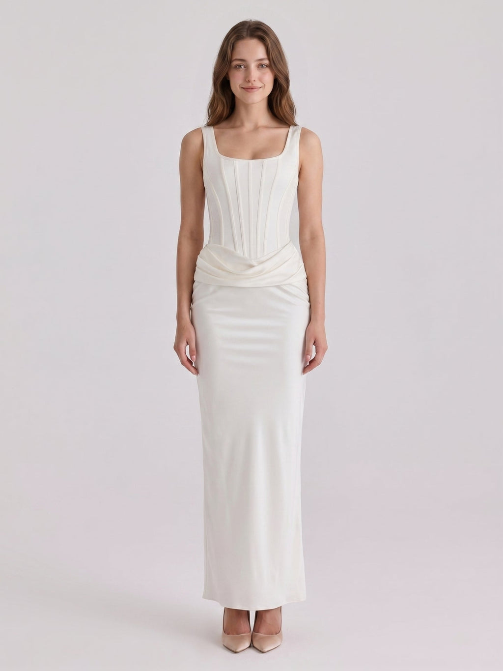 Ivory Satin Sheath Square Neck Side Zip Ankle-Length Pleated Bridesmaid Dress - Curvevia