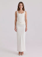 Ivory Satin Sheath Square Neck Side Zip Ankle-Length Pleated Bridesmaid Dress - Curvevia