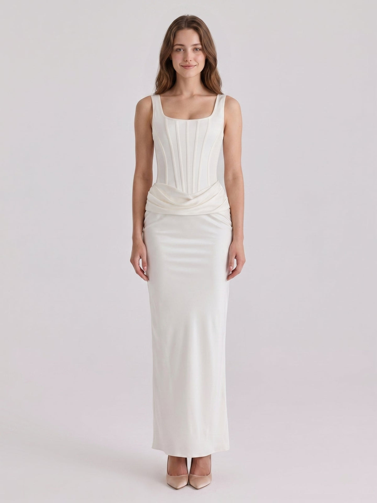 Ivory Satin Sheath Square Neck Side Zip Ankle-Length Pleated Bridesmaid Dress - Curvevia