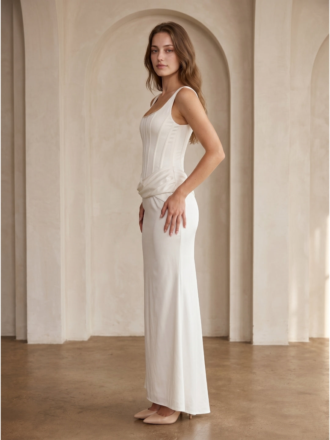 Ivory Satin Sheath Square Neck Side Zip Ankle-Length Pleated Bridesmaid Dress - Curvevia