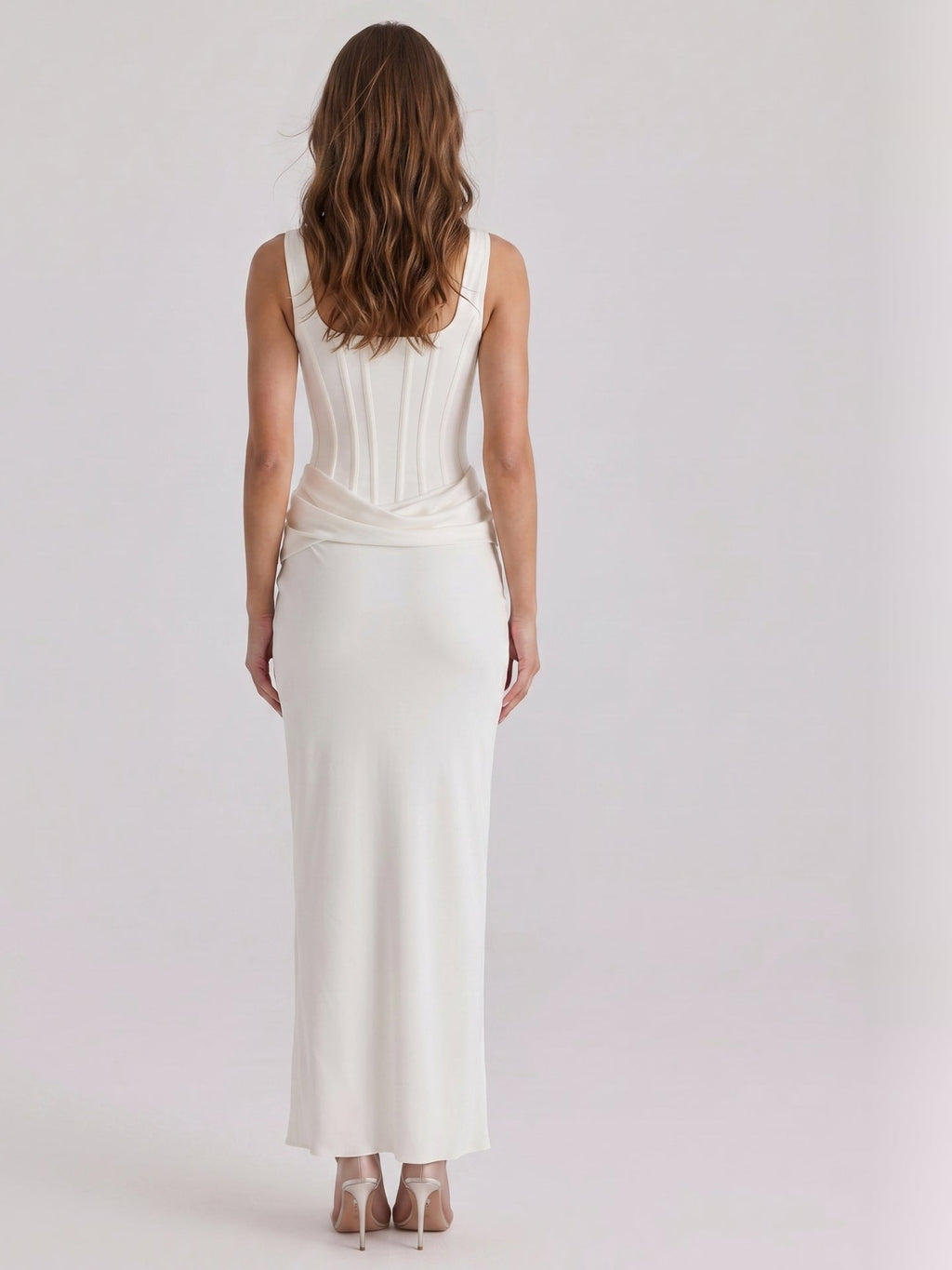 Ivory Satin Sheath Square Neck Side Zip Ankle-Length Pleated Bridesmaid Dress - Curvevia