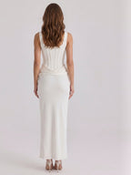 Ivory Satin Sheath Square Neck Side Zip Ankle-Length Pleated Bridesmaid Dress - Curvevia