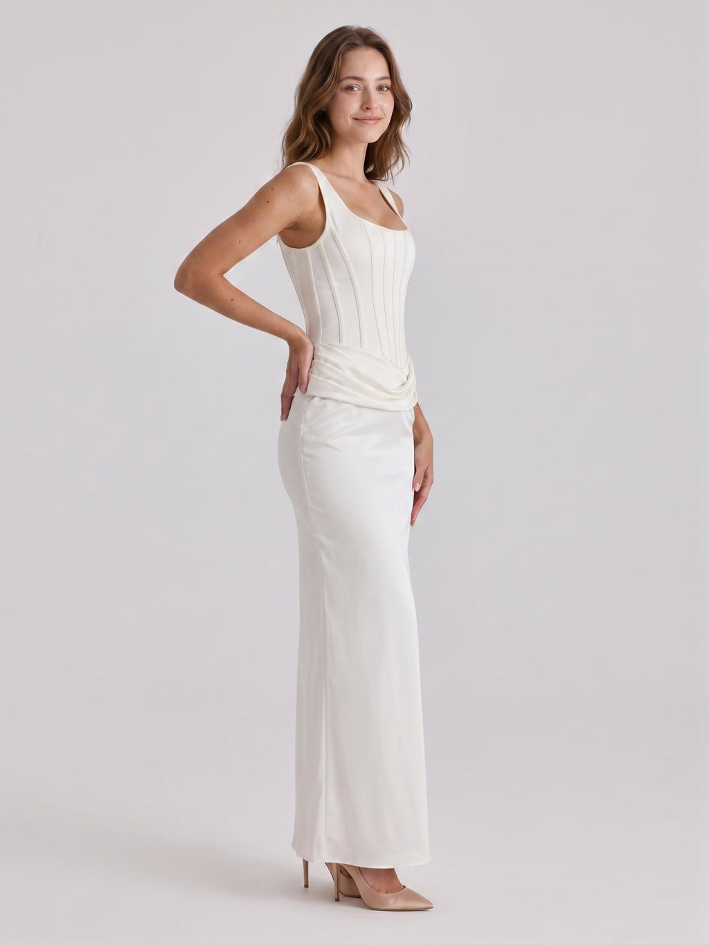 Ivory Satin Sheath Square Neck Side Zip Ankle-Length Pleated Bridesmaid Dress - Curvevia