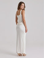 Ivory Satin Sheath Square Neck Side Zip Ankle-Length Pleated Bridesmaid Dress - Curvevia