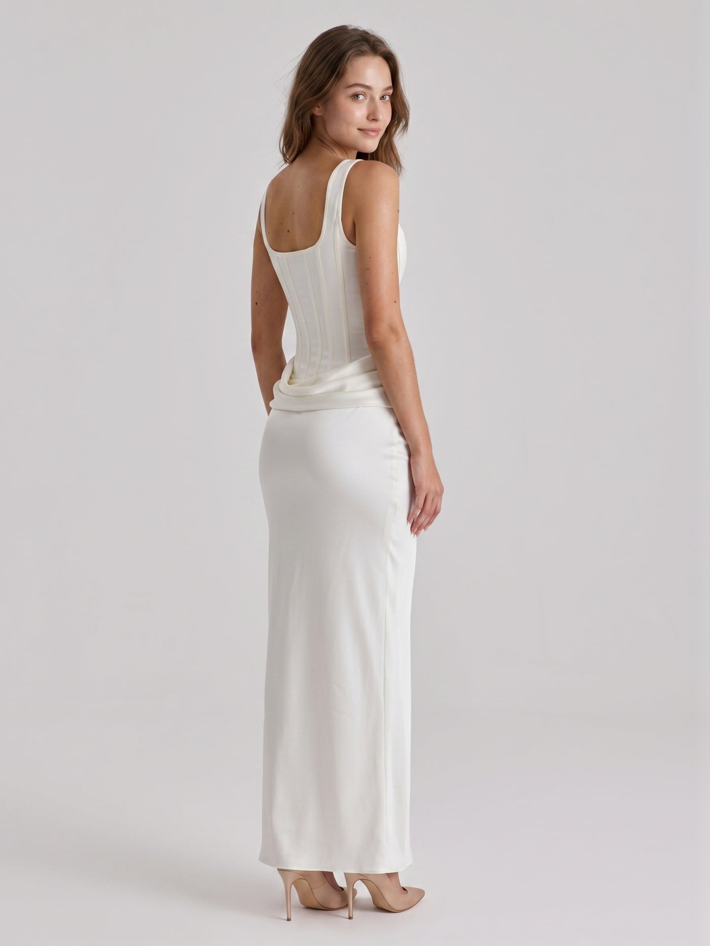 Ivory Satin Sheath Square Neck Side Zip Ankle-Length Pleated Bridesmaid Dress - Curvevia