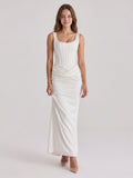 Ivory Satin Sheath Square Neck Side Zip Ankle-Length Pleated Bridesmaid Dress - Curvevia
