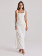 Ivory Satin Sheath Square Neck Side Zip Ankle-Length Pleated Bridesmaid Dress - Curvevia