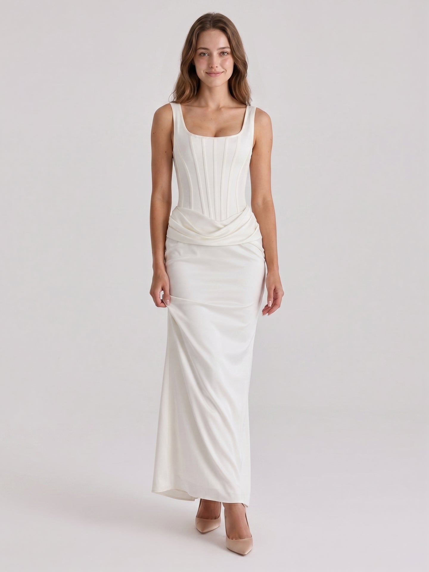 Ivory Satin Sheath Square Neck Side Zip Ankle-Length Pleated Bridesmaid Dress - Curvevia