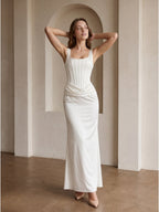 Ivory Satin Sheath Square Neck Side Zip Ankle-Length Pleated Bridesmaid Dress - Curvevia