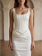 Ivory Satin Sheath Square Neck Side Zip Ankle-Length Pleated Bridesmaid Dress - Curvevia