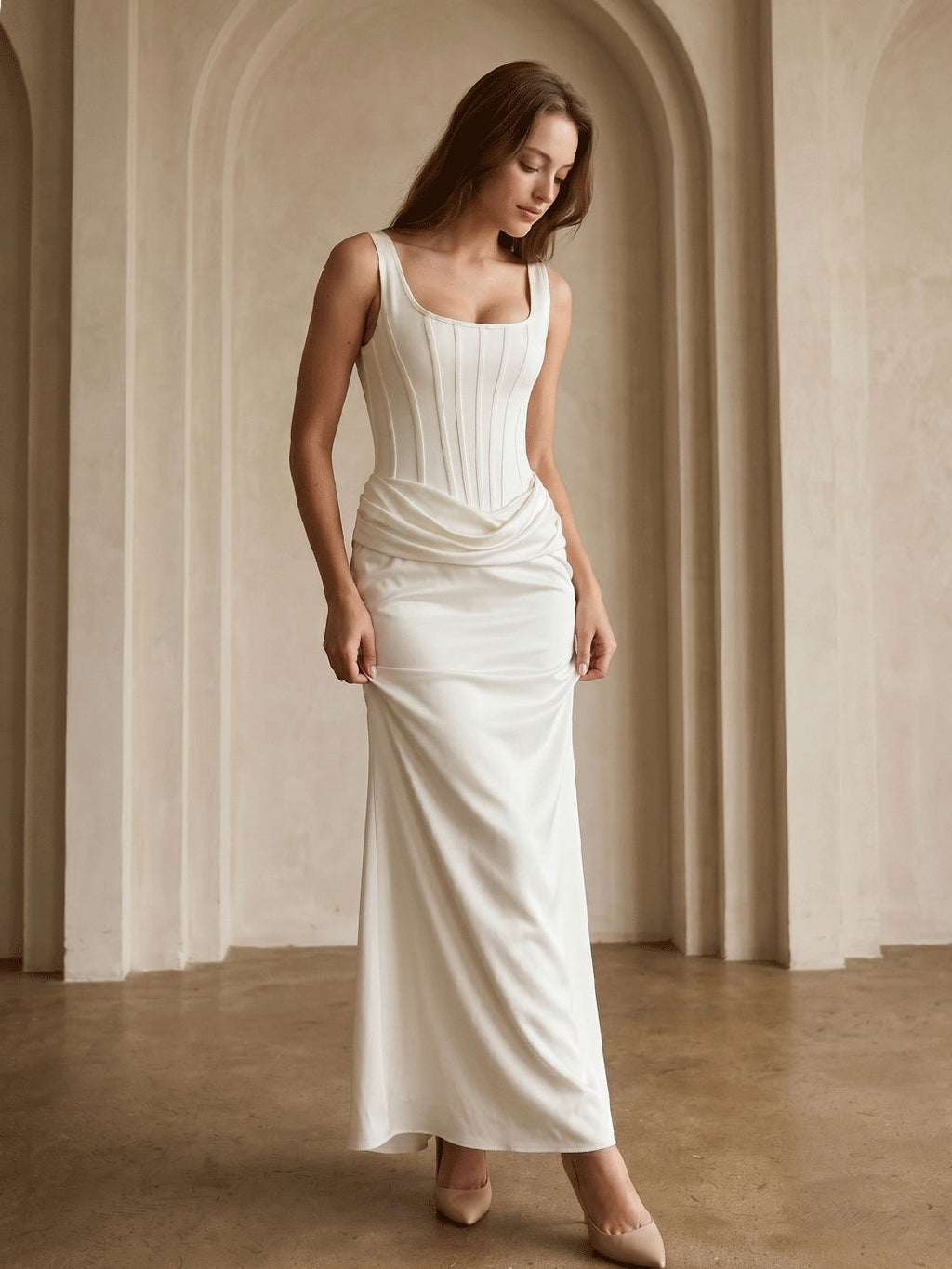 Ivory Satin Sheath Square Neck Side Zip Ankle-Length Pleated Bridesmaid Dress - Curvevia