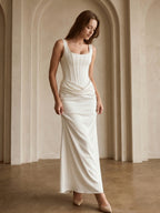 Ivory Satin Sheath Square Neck Side Zip Ankle-Length Pleated Bridesmaid Dress - Curvevia