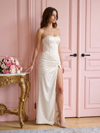 Ivory Satin Sheath Straight Neck Lace-Up Back Floor-Length Pleated Evening Gown - Curvevia