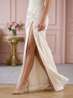 Ivory Satin Sheath Straight Neck Lace-Up Back Floor-Length Pleated Evening Gown - Curvevia