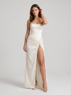 Ivory Satin Sheath Straight Neck Lace-Up Back Floor-Length Pleated Evening Gown - Curvevia