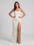 Ivory Satin Sheath Straight Neck Lace-Up Back Floor-Length Pleated Evening Gown - Curvevia