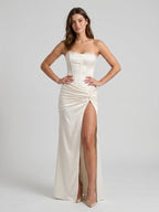 Ivory Satin Sheath Straight Neck Lace-Up Back Floor-Length Pleated Evening Gown - Curvevia