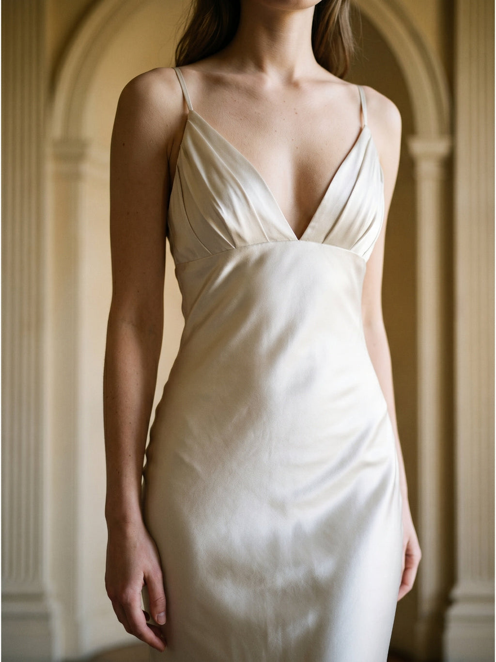 Ivory Satin Sheath V-Neck Backless Floor-Length Bridesmaid Dress with Pleated Detail - Curvevia
