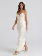 Ivory Satin Sheath V-Neck Corset Back Ankle-Length Birthday Dress - Curvevia
