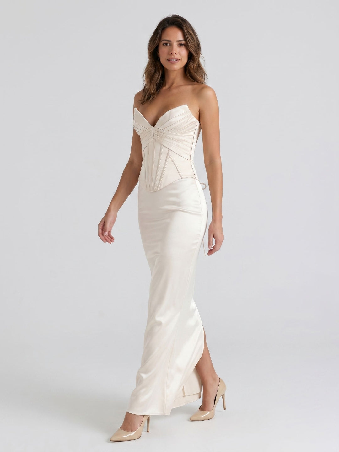 Ivory Satin Sheath V-Neck Corset Back Ankle-Length Birthday Dress - Curvevia