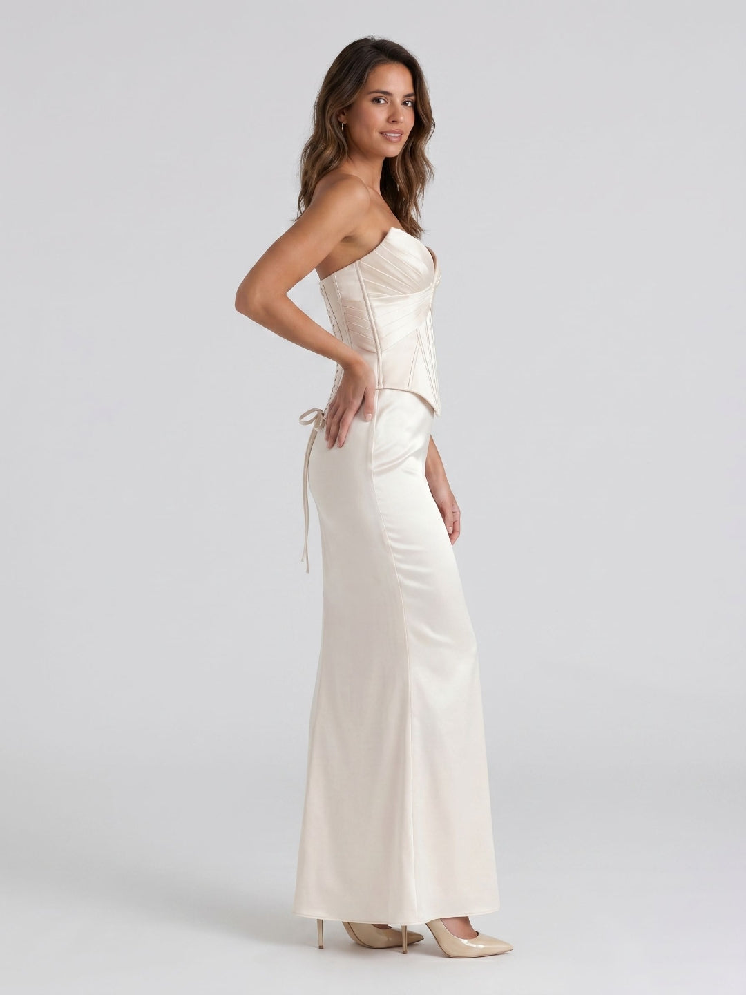 Ivory Satin Sheath V-Neck Corset Back Ankle-Length Birthday Dress - Curvevia
