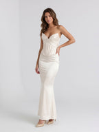 Ivory Satin Sheath V-Neck Corset Back Ankle-Length Birthday Dress - Curvevia