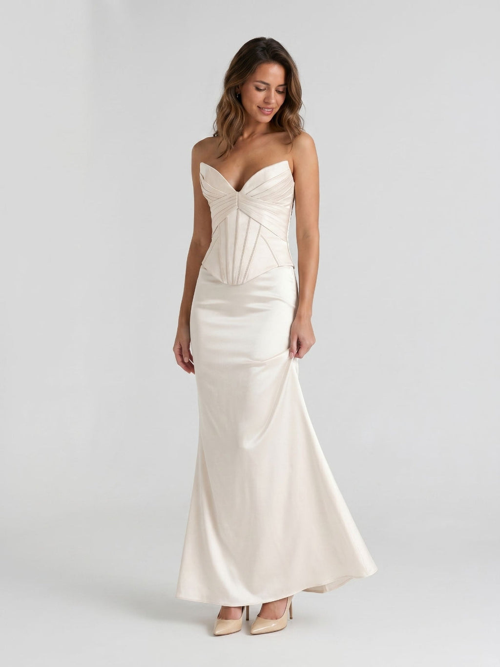 Ivory Satin Sheath V-Neck Corset Back Ankle-Length Birthday Dress - Curvevia