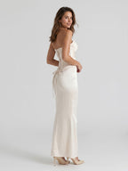Ivory Satin Sheath V-Neck Corset Back Ankle-Length Birthday Dress - Curvevia
