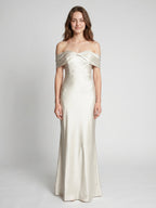 Ivory Satin Trumpet Off-the-Shoulder Back Zip Floor-Length Bridesmaid Dress with Pleated Accent - Curvevia