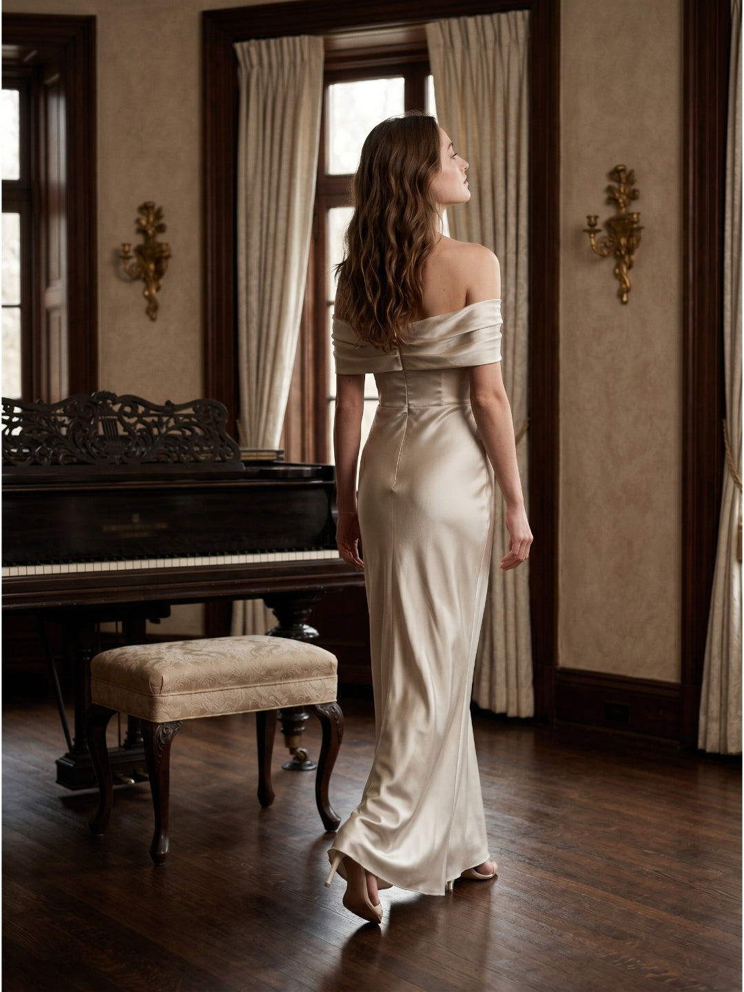 Ivory Satin Trumpet Off-the-Shoulder Back Zip Floor-Length Bridesmaid Dress with Pleated Accent - Curvevia