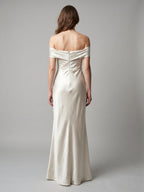 Ivory Satin Trumpet Off-the-Shoulder Back Zip Floor-Length Bridesmaid Dress with Pleated Accent - Curvevia