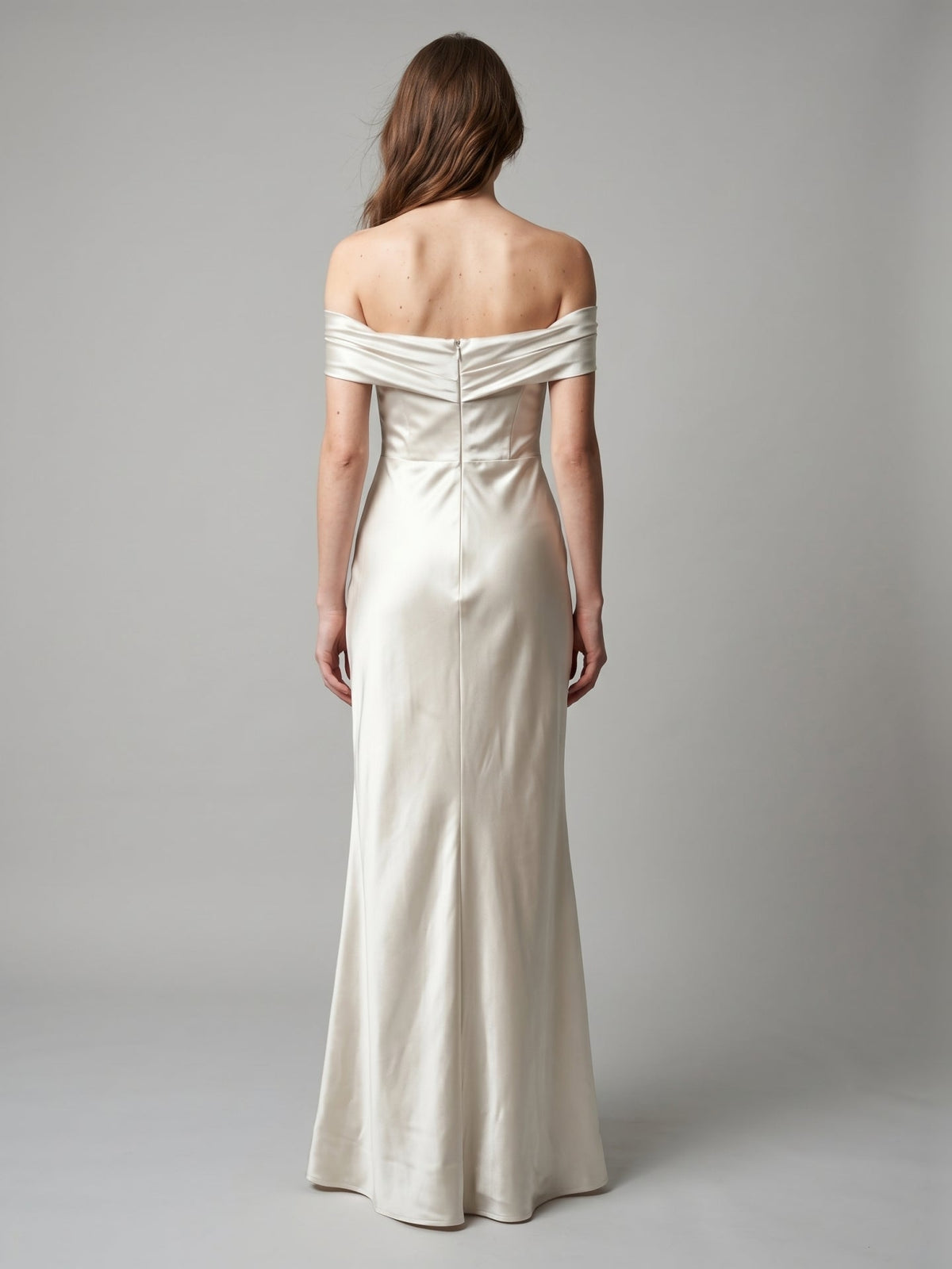 Ivory Satin Trumpet Off-the-Shoulder Back Zip Floor-Length Bridesmaid Dress with Pleated Accent - Curvevia