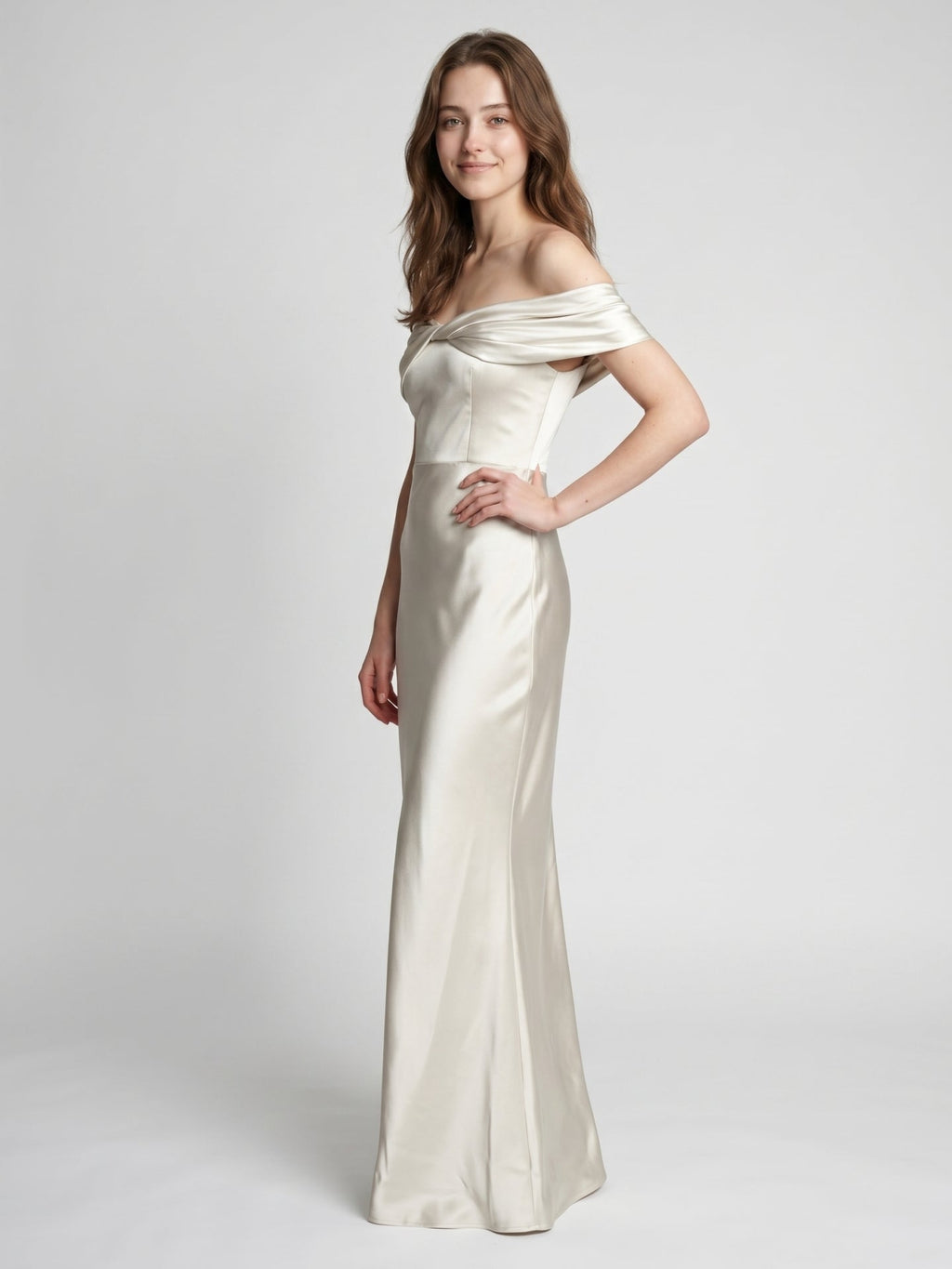 Ivory Satin Trumpet Off-the-Shoulder Back Zip Floor-Length Bridesmaid Dress with Pleated Accent - Curvevia