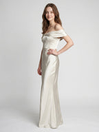 Ivory Satin Trumpet Off-the-Shoulder Back Zip Floor-Length Bridesmaid Dress with Pleated Accent - Curvevia