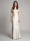 Ivory Satin Trumpet Off-the-Shoulder Back Zip Floor-Length Bridesmaid Dress with Pleated Accent - Curvevia