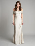 Ivory Satin Trumpet Off-the-Shoulder Back Zip Floor-Length Bridesmaid Dress with Pleated Accent - Curvevia