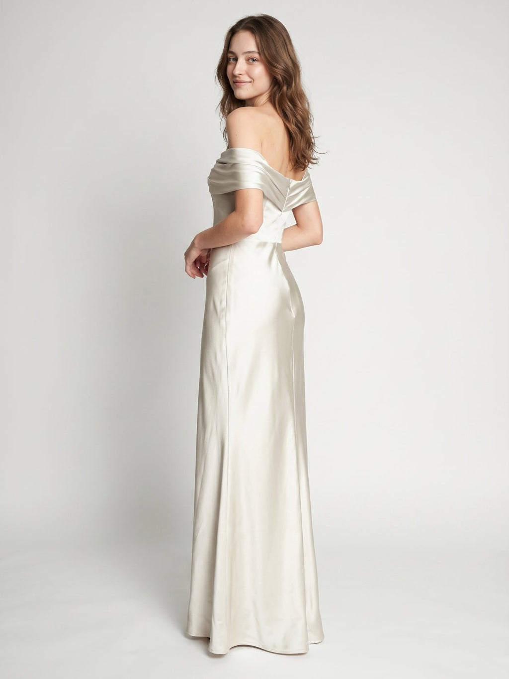 Ivory Satin Trumpet Off-the-Shoulder Back Zip Floor-Length Bridesmaid Dress with Pleated Accent - Curvevia