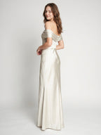 Ivory Satin Trumpet Off-the-Shoulder Back Zip Floor-Length Bridesmaid Dress with Pleated Accent - Curvevia