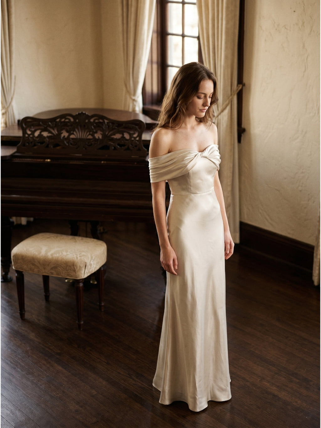 Ivory Satin Trumpet Off-the-Shoulder Back Zip Floor-Length Bridesmaid Dress with Pleated Accent - Curvevia