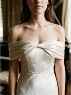 Ivory Satin Trumpet Off-the-Shoulder Back Zip Floor-Length Bridesmaid Dress with Pleated Accent - Curvevia