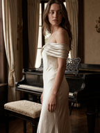 Ivory Satin Trumpet Off-the-Shoulder Back Zip Floor-Length Bridesmaid Dress with Pleated Accent - Curvevia